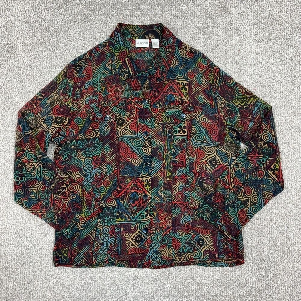 Chicos Blouse Top Womens 2 Silk Sheer Geometric Print Button Boho Tribal